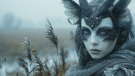 Winter season. Shaman female wearing in horn goat mask and dress on blurred winter landscape. Mystical ritual of death. Sacred objects for ancient pagan rites. Slavic or Scandinavian culture ritual.の素材