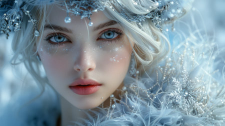 Winter season. The Enchanting Winter Court. A close-up shot of a snow queen, her icy crown and flowing gown radiating an aura of power and elegance.の素材