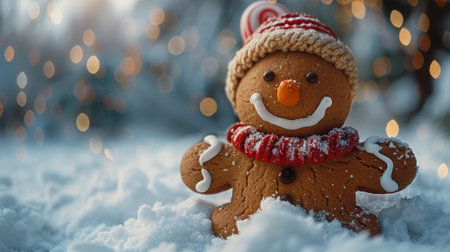 Winter season. The Legendary Winter Creatures. A cheerful gingerbread man with a candy cane hat and a sprinkle of cinnamon sugar, exuding the sweet and festive spirit of the holidays.の素材