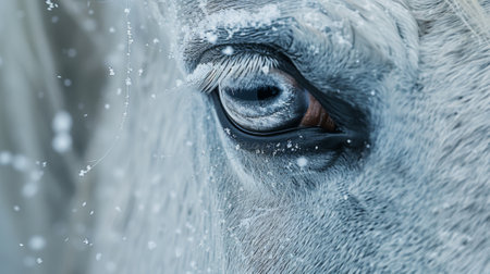 Winter season. The Legendary Winter Creatures. A close-up shot of a unicorn's eye, its gentle gaze and soulful expression reflecting its pure and noble nature.の素材