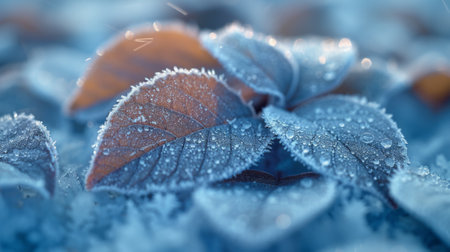 Winter season. Frost-kissed leaves with delicate wavy patterns, embodying the calming transformation of winter.の素材