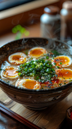 A bowl of steaming ramen stands on a table in a Japanese cafe.の素材