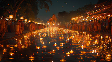 Loy Krathong Festival. Tourists from all over the world are drawn to the festival's unique beauty and cultural significance, eager to experience mesmerizing display of lights and spirituality.の素材