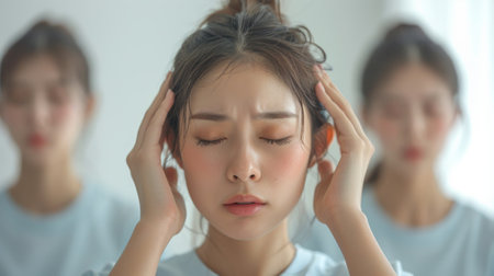 Mental Problem. Anxiety disorder. A woman with multiple faces is holding her head in pain against a white background. The faces of two additional people to her left and right are blurred.の素材