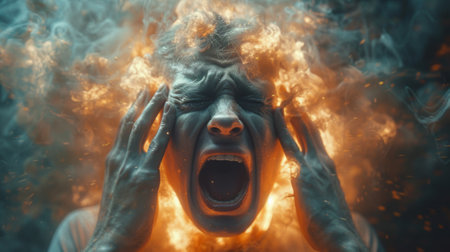 Mental Problem. Anxiety disorder. Man in gray shirt with multiple faces screaming and holding his head against a dark background, depicted in the style of blurred motion and high speed photography.の素材