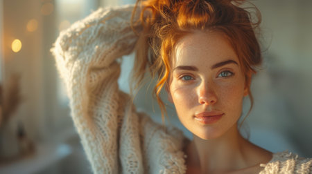Morning routines. Redhead woman brushing hair in the bathroom, mental health concept of self careの素材