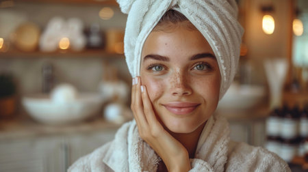 Morning routines. Woman applying face cream during morning routine, mental health concept of self careの素材