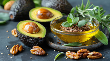 variety of healthy fats sources, such as avocados, nuts, and olive oil, displayed in a light and refreshing manner, symbolizing the importance of healthy fats for brain function and heart health.の素材