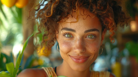 Healthy Lifestyle. Rainbow Method balanced eating. A close-up shot of a person blending a smoothie, their expression conveying a sense of enthusiasm and creativity.の素材