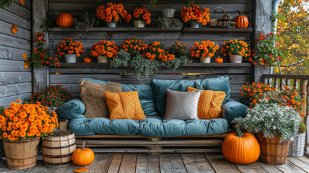 Autumn or fall season. Porch of the backyard decorated with pumpkins and autumn flowersの素材