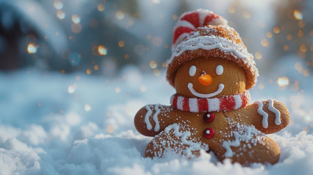 Winter season. The Legendary Winter Creatures. A cheerful gingerbread man with a candy cane hat and a sprinkle of cinnamon sugar, exuding the sweet and festive spirit of the holidays.の素材