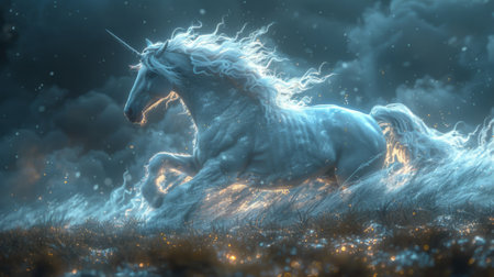 Winter season. The Legendary Winter Creatures. A majestic unicorn galloping through a moonlit meadow, its spiraling horn glowing with an ethereal light.の素材