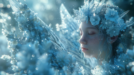 Winter season. The Legendary Winter Creatures .A scene of a winter fairy fluttering through a snow-covered forest, her touch transforming ordinary objects into sparkling ice sculptures.の素材