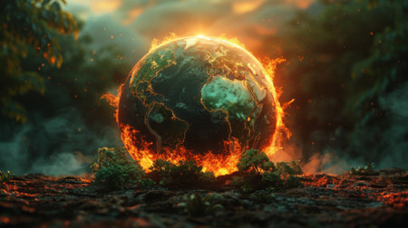 Earth in Danger. Earth engulfed in flames or covered in pollution. Global warming conceptの素材