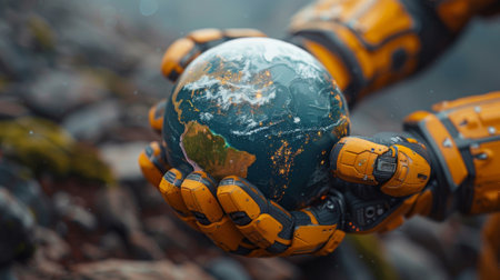 Earth ball in robots hand, AI assisting humans in solving global challenges such as climate change, poverty, and hunger, symbolizing the potential of AI to create a better future.の素材
