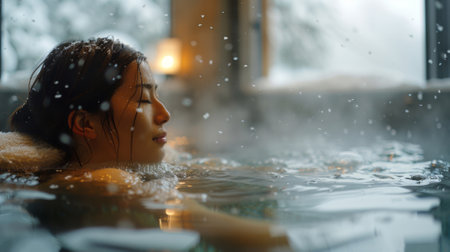 Japan. woman relax in onsen. The steam rising from the onsen pools mingles with the snowflakes falling from the sky, creating a mesmerizing spectacle of nature's contrasting elements.の素材