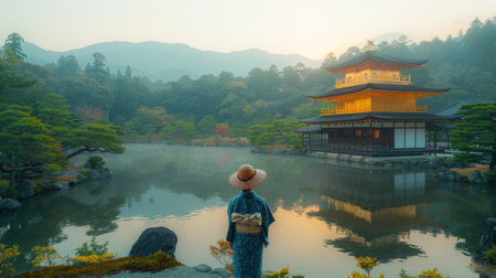 Golden Week Adventure in Japan. woman visit the ancient temples and serene gardens of Kyoto, imagining the emperors and samurai who once walked these grounds.の素材