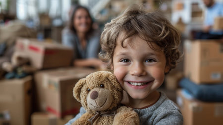 Moving. A caucasian family moving into their new home, with a smiling child holding a teddy bear in the foreground amongst cardboard boxes and furniture around themの素材