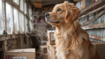 Moving. A dog sitting on top of moving boxes in an empty room, ready to start the new home move with its owner. creating sharp details that highlight every intricate detail of the scene.の素材