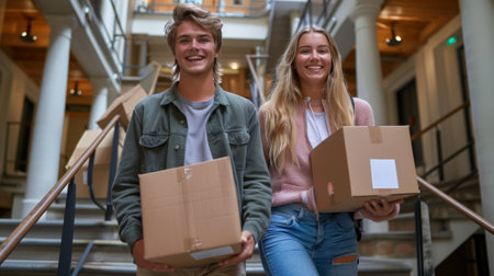 Moving. a happy young couple moving boxes into their new home, walking up the stairs in an apartment complexの素材