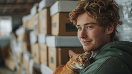 Moving. young man with ginger hair and green hoodie holding his orange cat in front of moving boxes, looks at camera, smiling, with white walls in modern apartment interior in wide shotの素材