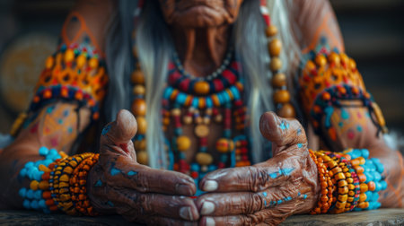 Indigenous Peoples' Day. A close-up shot of an Indigenous storyteller's hands gesturing as they weave a tale, their words transporting listeners to a world of ancient myths and legendsの素材