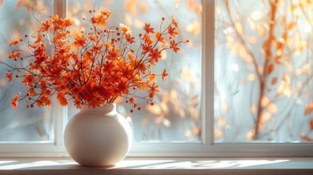 Autumn or fall season. A white vase holding an autumn bouquet is arranged on a wooden shelf in a white interior with copy space in the imageの素材