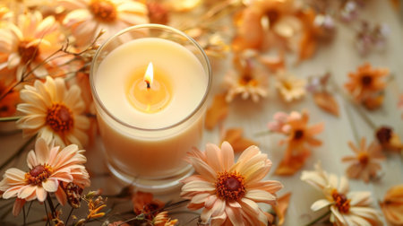 Autumn or fall season. vanilla scented candle is being burned on beige background, creating a cozy and warm autumn atmosphere with dried leaves and flowers. This composition represents comforts of homeの素材