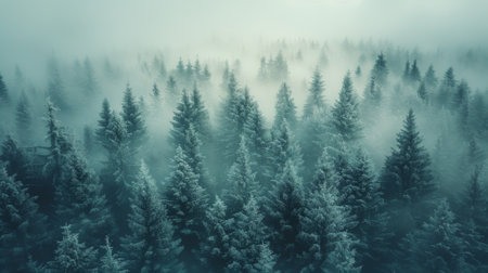Winter season. Misty landscape with fir forest in hipster vintage retro styleの素材