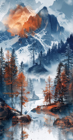 Winter season. Panorama of the foggy winter landscape in the mountains in Aurora light, Christmas holiday postcard collage.の素材
