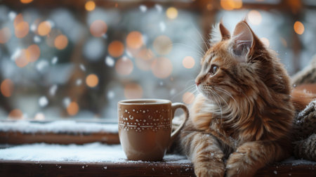 Winter season. A new morning with a favorite cup of coffee and a cute cat near the window.の素材