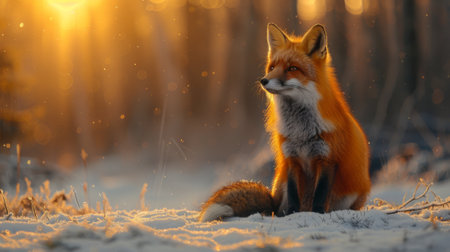 Winter season. A red fluffy fox with black paws sits against the background of a winter forest , sunset lightの素材