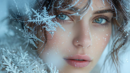 Winter season. Fantastic female portrait with abstract background. Winter beauty. Snow queen. Misty landscapeの素材