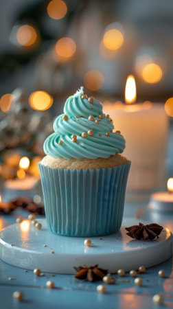 Colorful cupcake with candle on white table against light background, space for text stock photo contest winner, minimalism, pastel colors, teal and mint green, birthday party decoration,の素材