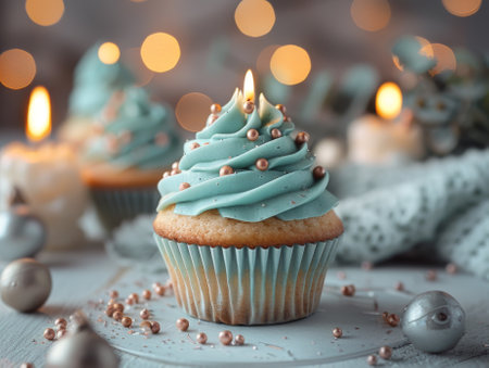 Cupcake with turquoise cream and a burning candle on a white table against a light background, space for text. Birthday celebrationの素材
