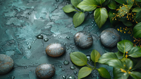 Photo of spa background with stones and bamboo leaves on table, space for text. Bright blurred light green color background, copy space conceptの素材