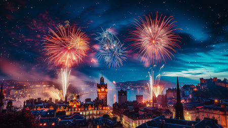 Scottish Hogmanay Festival. The night sky is illuminated by a dazzling display of fireworks, painting the cityscape with vibrant colors and creating a sense of awe and wonder.の素材