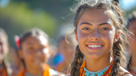 Indigenous Peoples' Day. A group of Indigenous youth participating in a traditional dance or sporting event, their energy and enthusiasm showing the vitality of their culture.の素材