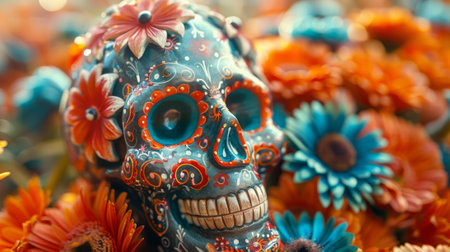 Dia de los Muertos, Mexican holiday. A close-up shot of a single calavera (skull), its intricate details and vibrant colors capturing the essence of this iconic symbol of the holiday.の素材