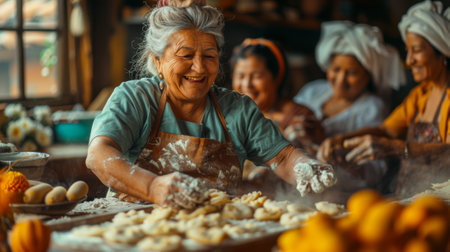 Dia de los Muerto, Mexican holiday. family baking pan de muerto bread of the dead together, their laughter and joy filling the kitchen as they prepare for the Day of the Dead festivities.の素材