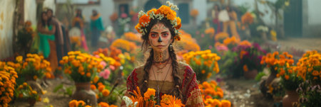 Dia de los Muerto, Mexican holiday. Capture the woman's personal connection to holiday, showcasing her family traditions, cultural heritage, deep emotions associated Dia de los Muerto,の素材