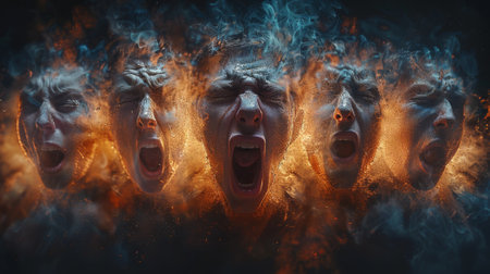 Mental Problem. Anxiety disorder. Man with multiple faces showing different emotions, a screaming and angry face in the center of his head. The concept is about emotional loss or anxietyの素材