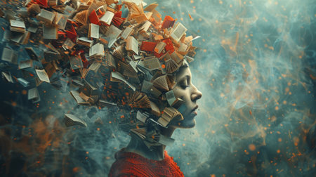 Mental Problem. Burnout. A person's head overflowing with thoughts, symbols, and tasks, representing the overwhelming mental load that leads to burnout.の素材