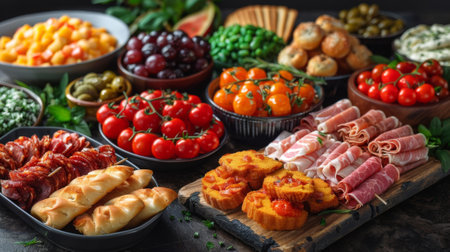 Happy birthday. The Festive Feast. A scene of a variety of party snacks and finger foods arranged on platters, showcasing the abundance and culinary delights of a birthday celebration.の素材