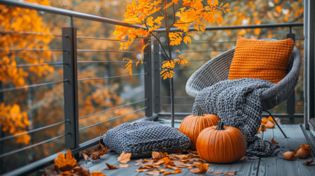 Autumn or fall season. Cozy autumn balcony decor, warm fall city balcony decor with chair and pillows, pumpkins, yellow leaves and candlesの素材