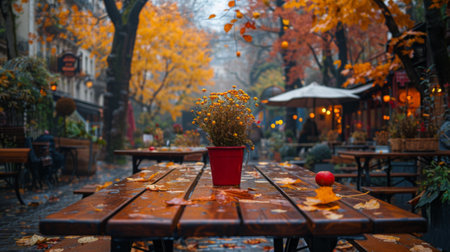 Autumn or fall season. romantic terrace of a cafe in Paris in autumn time, mystical and romantic atmosphere.の素材