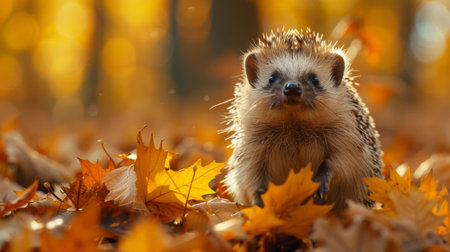 Autumn or fall season. Young hedgehog among autumn leaves in the forest.の素材