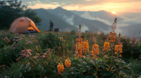 focus on flowers, tourist tent in mountains valley. soft backlight, light fog. concept of travel and adventure.の素材