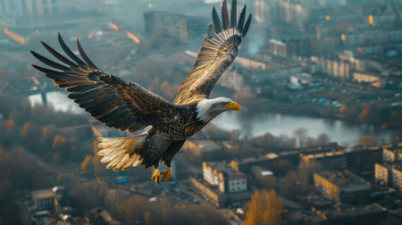 aerial photo. in the foreground is a bald eagle, viewed from above on its back. Below it, in the bokeh, is Manhattan. Realistic photo.の素材