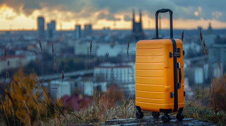 Tourist photography. yellow travel suitcase on wheels. In the background is a tourist town landscape in bokeh.の素材
